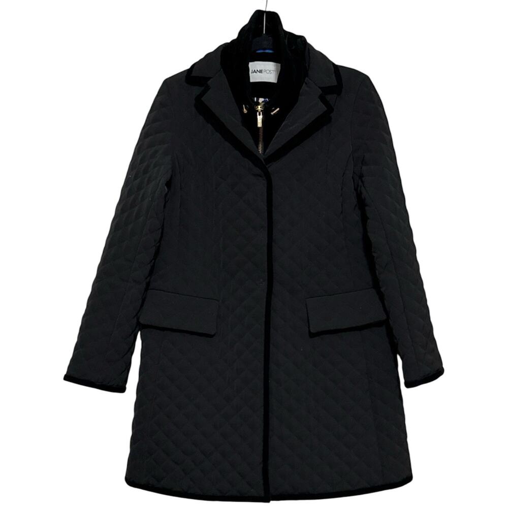 Jane Post Black Quilted Double Coat with Velvet Trim Size Small